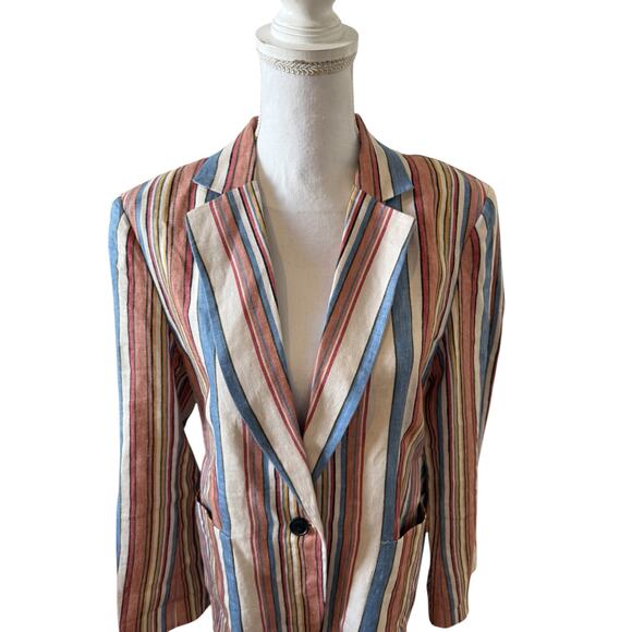 FRAME Birkin Linen Single Button Blazer Multi Stripe 10 - Picture 4 of 11